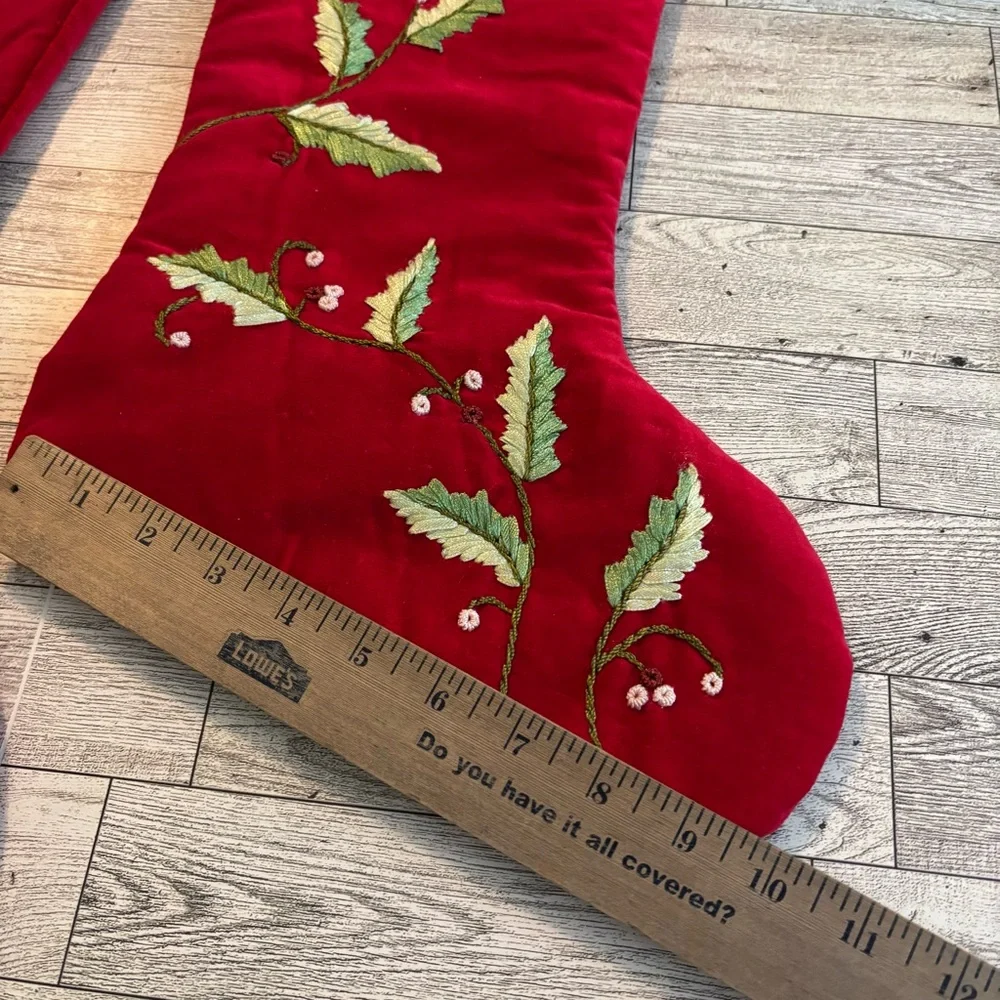 Festive Red velvet Holiday Stockings with Green Holly embroidered Design set 2